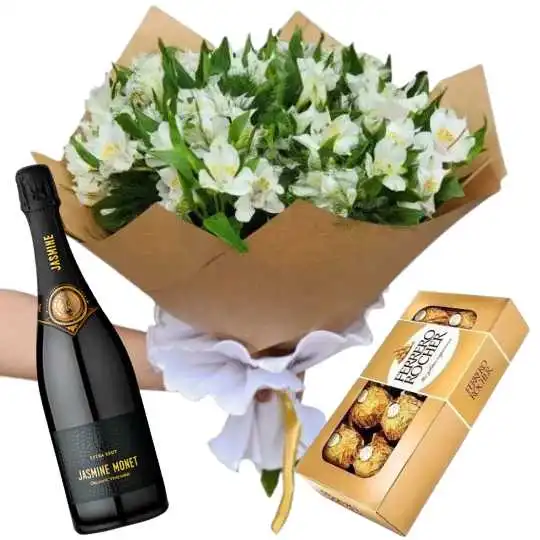 Ramo de flores astromelias blancas con rocher x8 y espumante